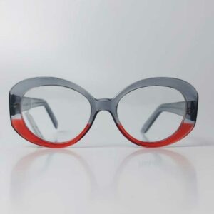 Óculos arredondado cinza com detalhe vermelho