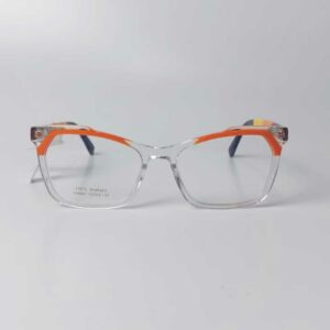 Óculos retangular transparente com detalhe laranja